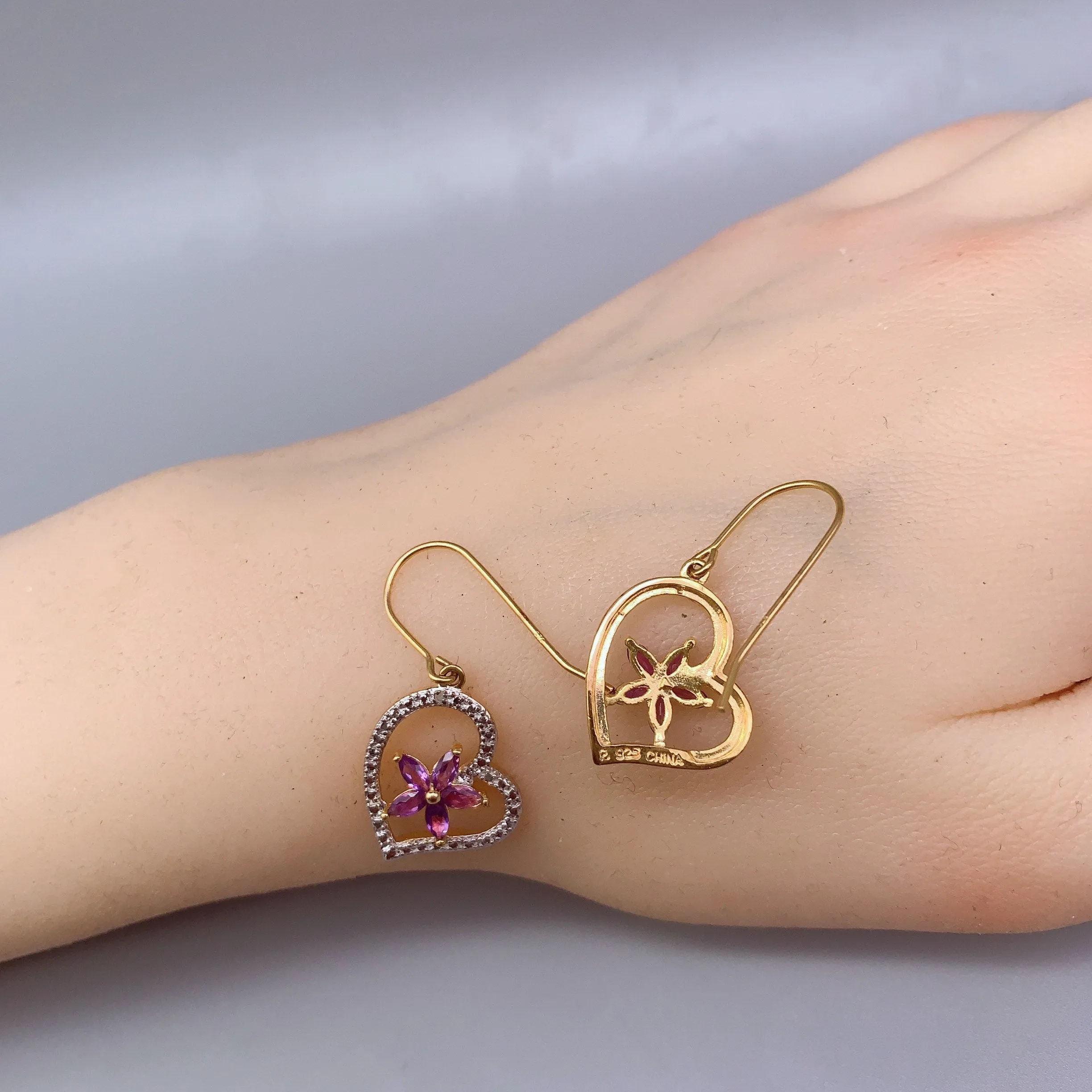 Genuine Amethyst Earrings , Gold coated Sterling Silver Amethyst Heart Earrings  , Purple Flower Gold Earrings