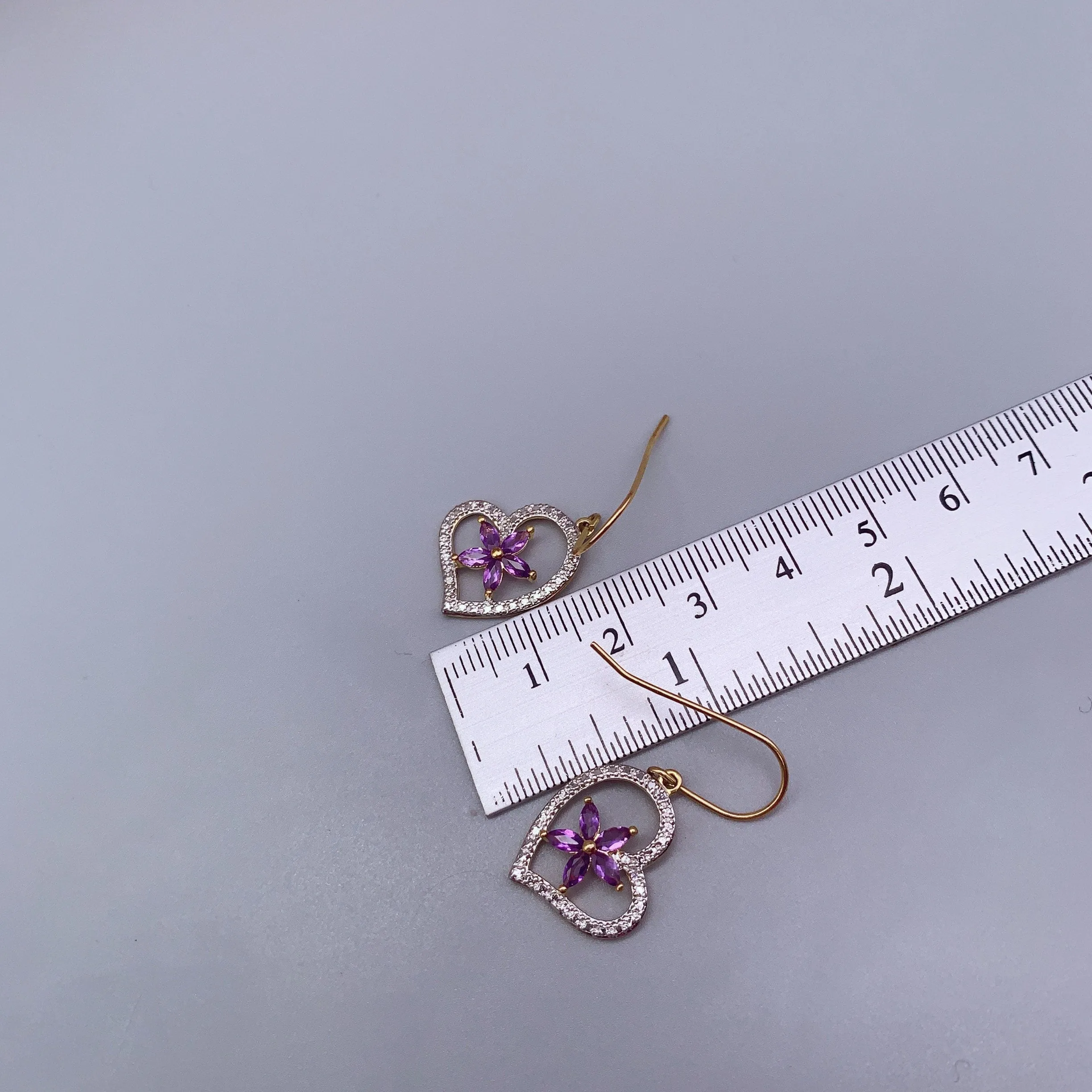 Genuine Amethyst Earrings , Gold coated Sterling Silver Amethyst Heart Earrings  , Purple Flower Gold Earrings