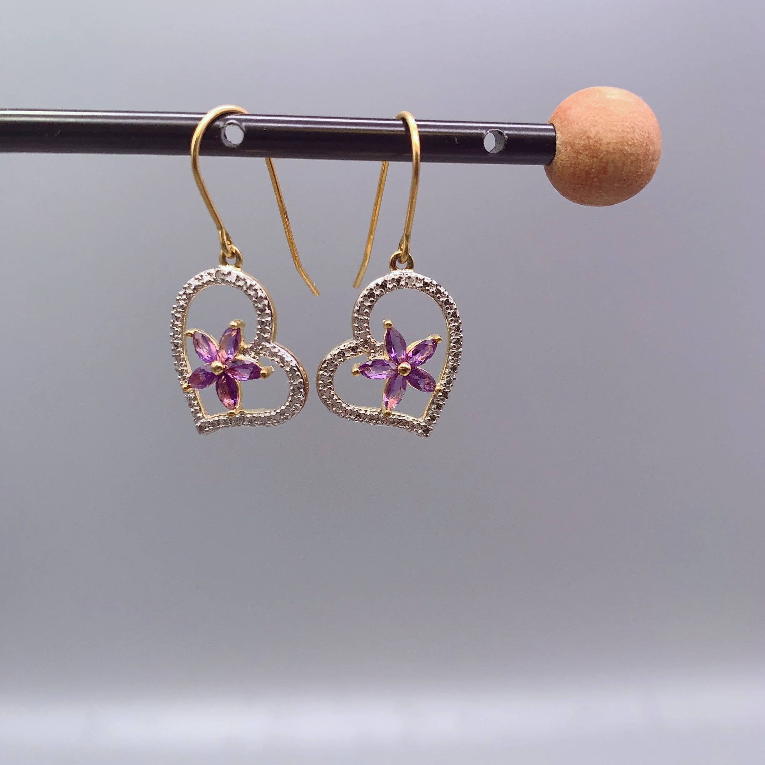 Genuine Amethyst Earrings , Gold coated Sterling Silver Amethyst Heart Earrings  , Purple Flower Gold Earrings