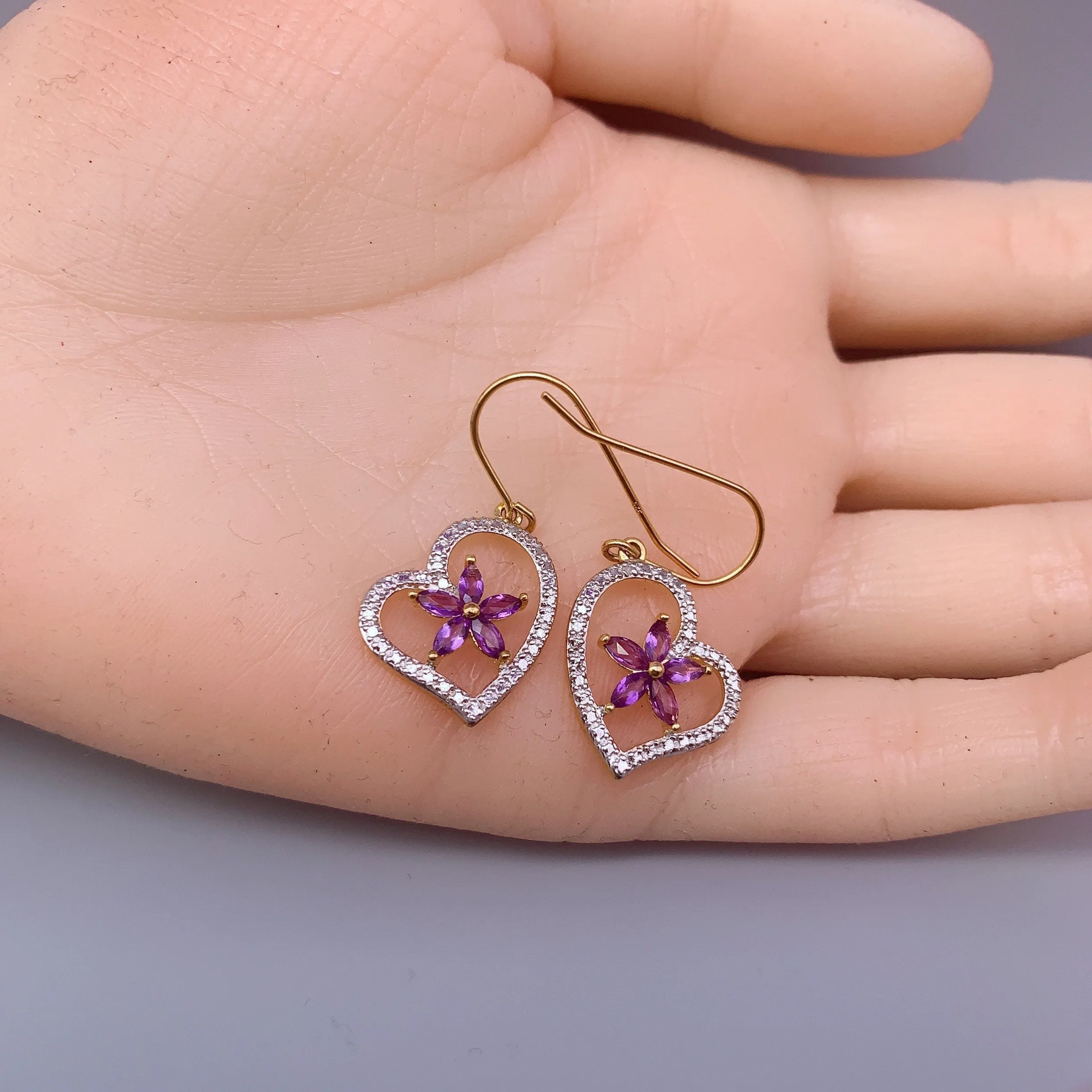Genuine Amethyst Earrings , Gold coated Sterling Silver Amethyst Heart Earrings  , Purple Flower Gold Earrings