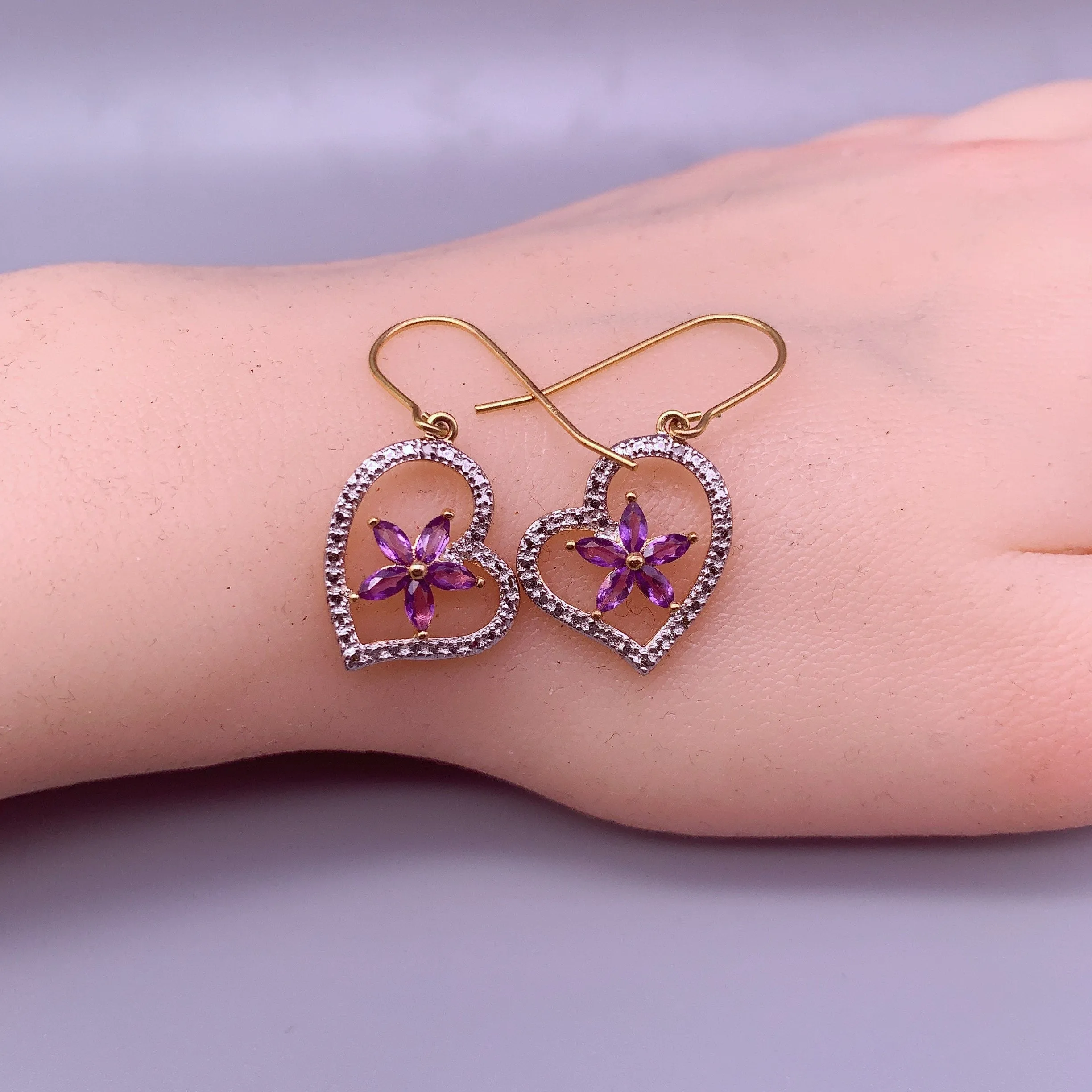 Genuine Amethyst Earrings , Gold coated Sterling Silver Amethyst Heart Earrings  , Purple Flower Gold Earrings