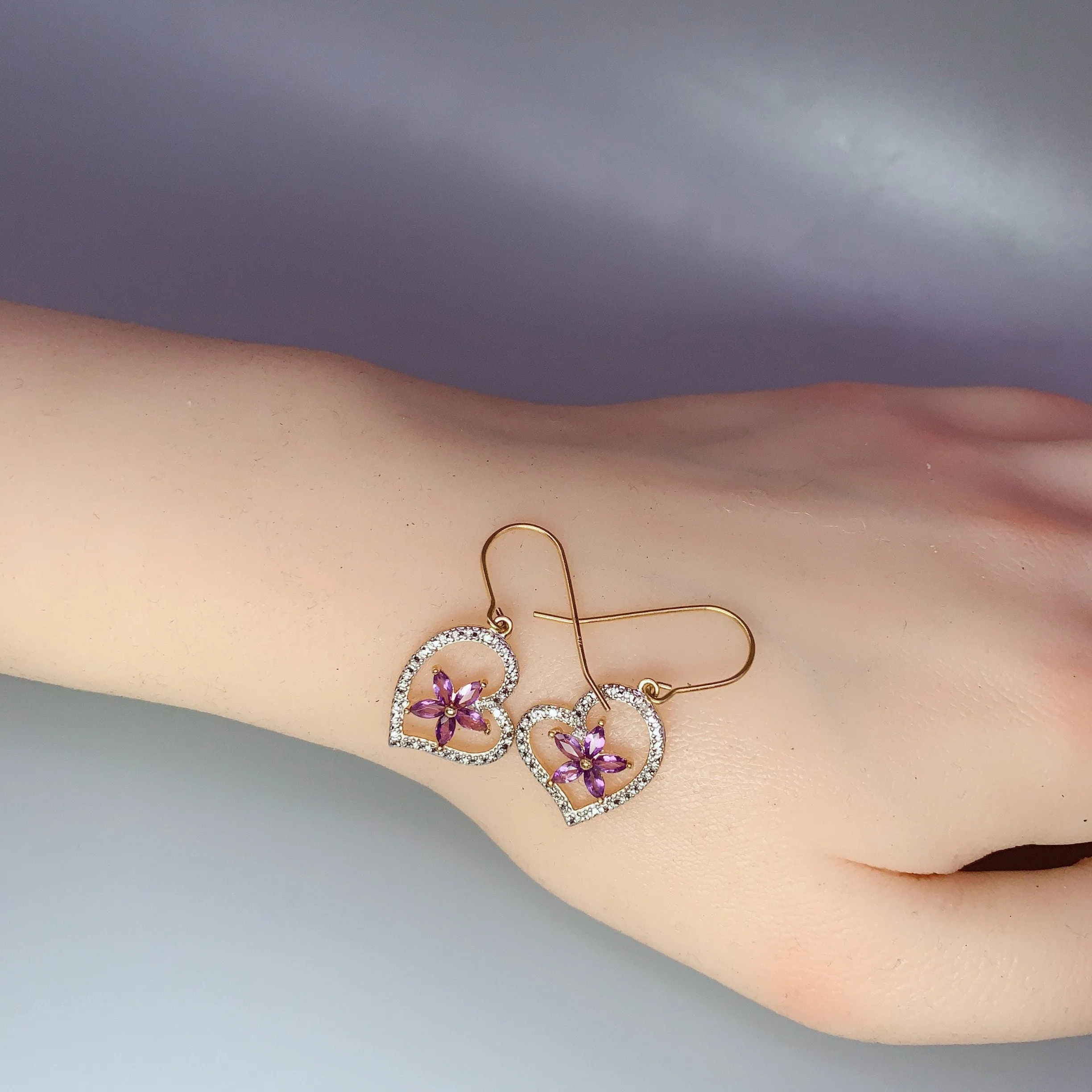 Genuine Amethyst Earrings , Gold coated Sterling Silver Amethyst Heart Earrings  , Purple Flower Gold Earrings