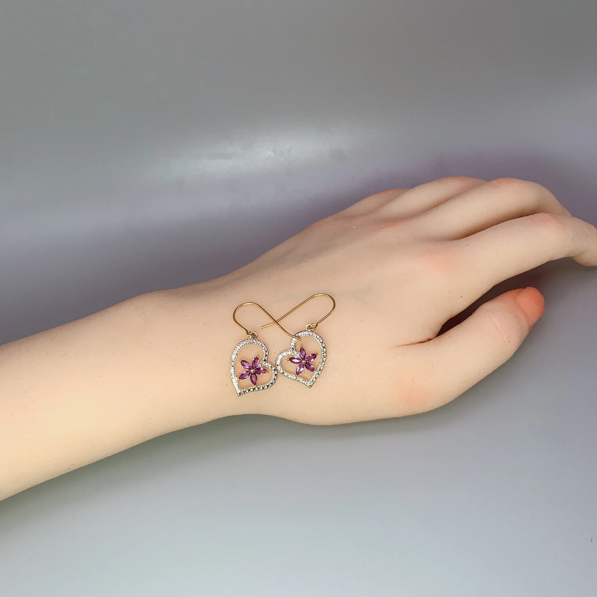Genuine Amethyst Earrings , Gold coated Sterling Silver Amethyst Heart Earrings  , Purple Flower Gold Earrings