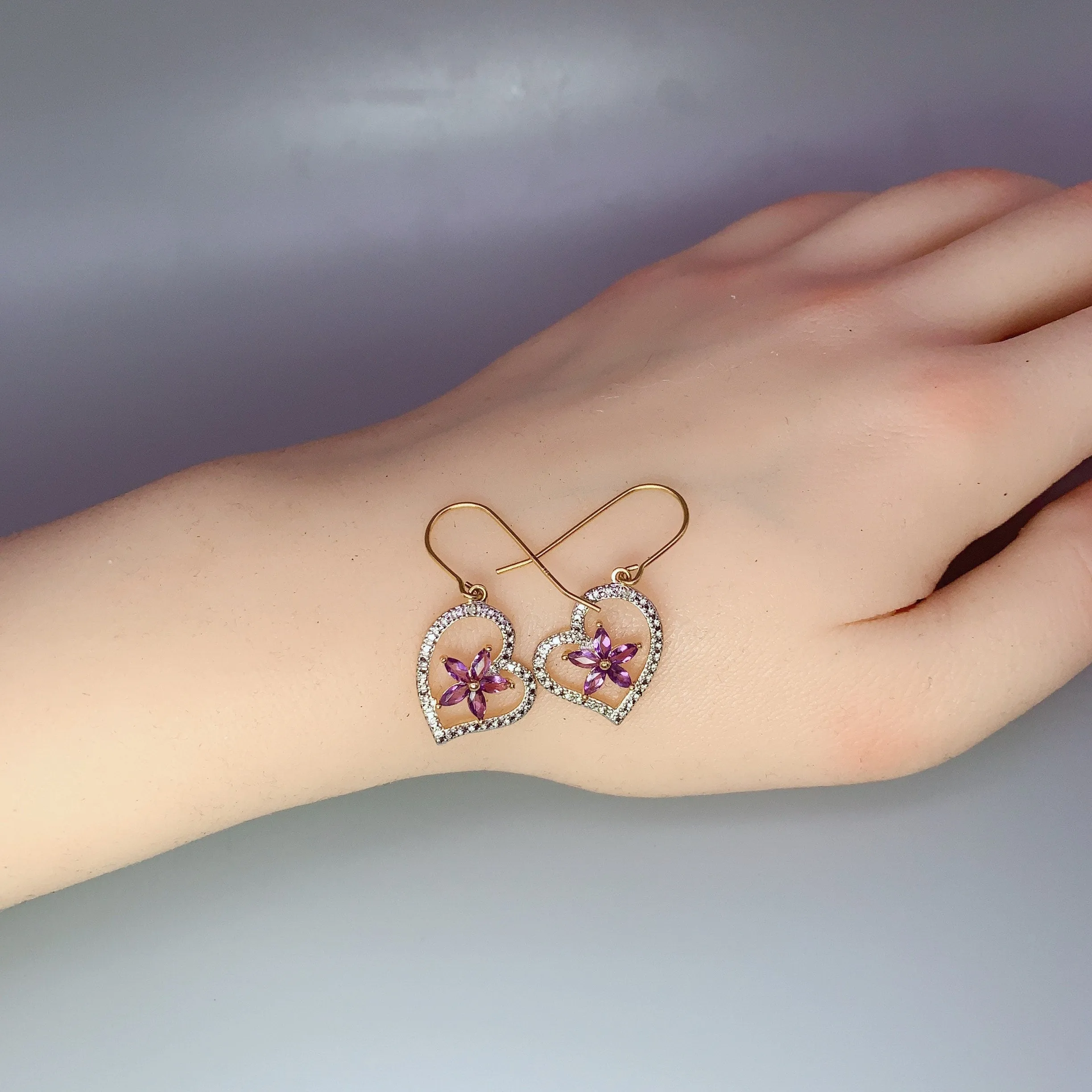 Genuine Amethyst Earrings , Gold coated Sterling Silver Amethyst Heart Earrings  , Purple Flower Gold Earrings