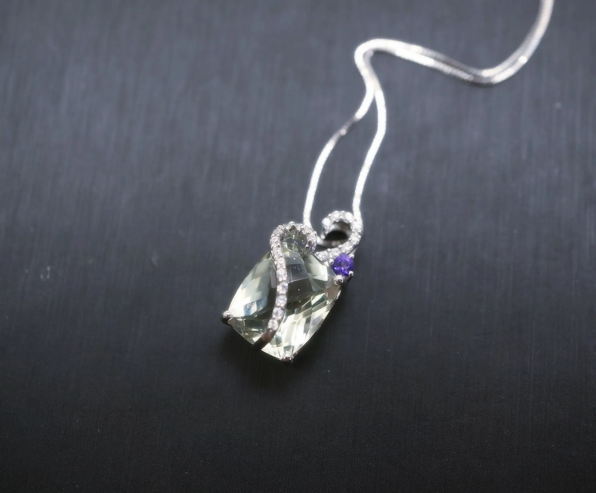 Genuine Faceted Green Amethyst Necklace Sterling Silver Diamond Flower Style