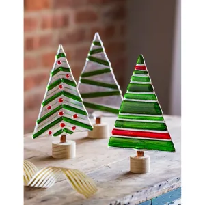 Glass Holiday Tree Tabletop Decor with Wooden Base, 3 Assorted,8tag257