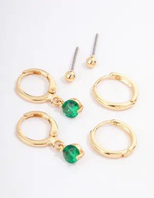 Gold Plated Brass Cubic Zirconia Round Cut Huggie Earrings Pack