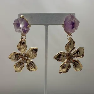 Gold Plated Earrings made out of Faux Amethyst Druzy and Flower Charm 220-23 | Erika Williner Designs