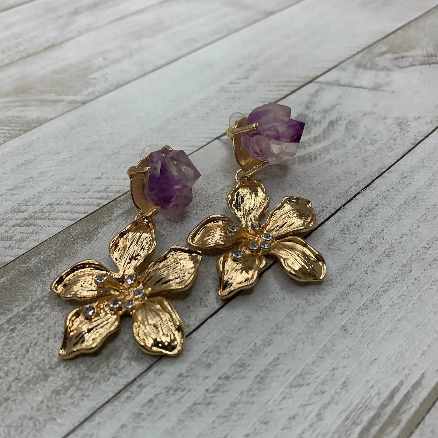 Gold Plated Earrings made out of Faux Amethyst Druzy and Flower Charm 220-23 | Erika Williner Designs