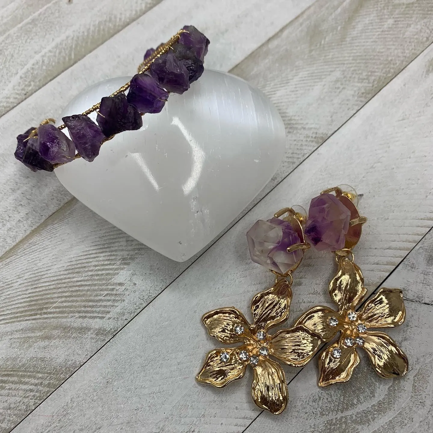 Gold Plated Earrings made out of Faux Amethyst Druzy and Flower Charm 220-23 | Erika Williner Designs