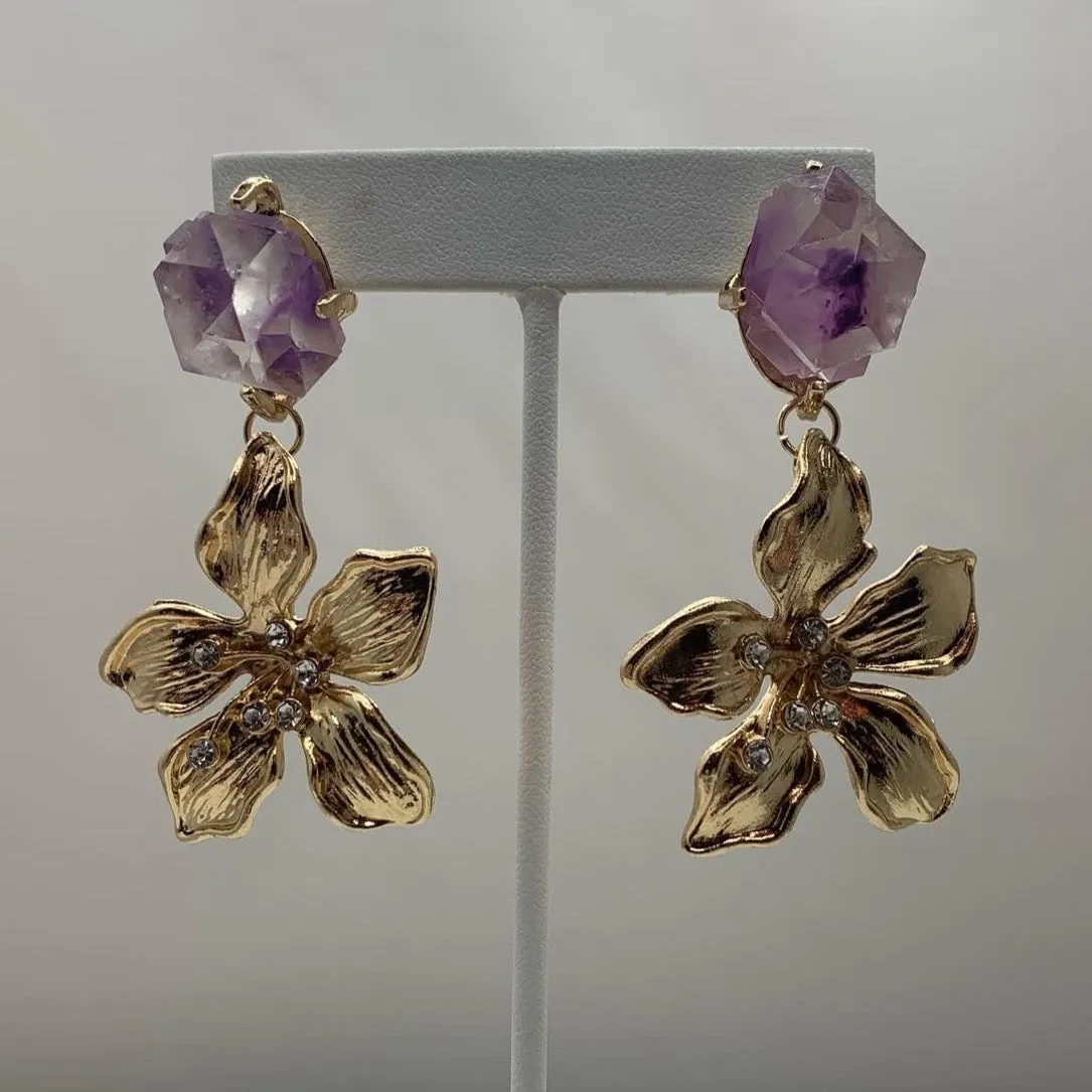 Gold Plated Earrings made out of Faux Amethyst Druzy and Flower Charm 220-23 | Erika Williner Designs