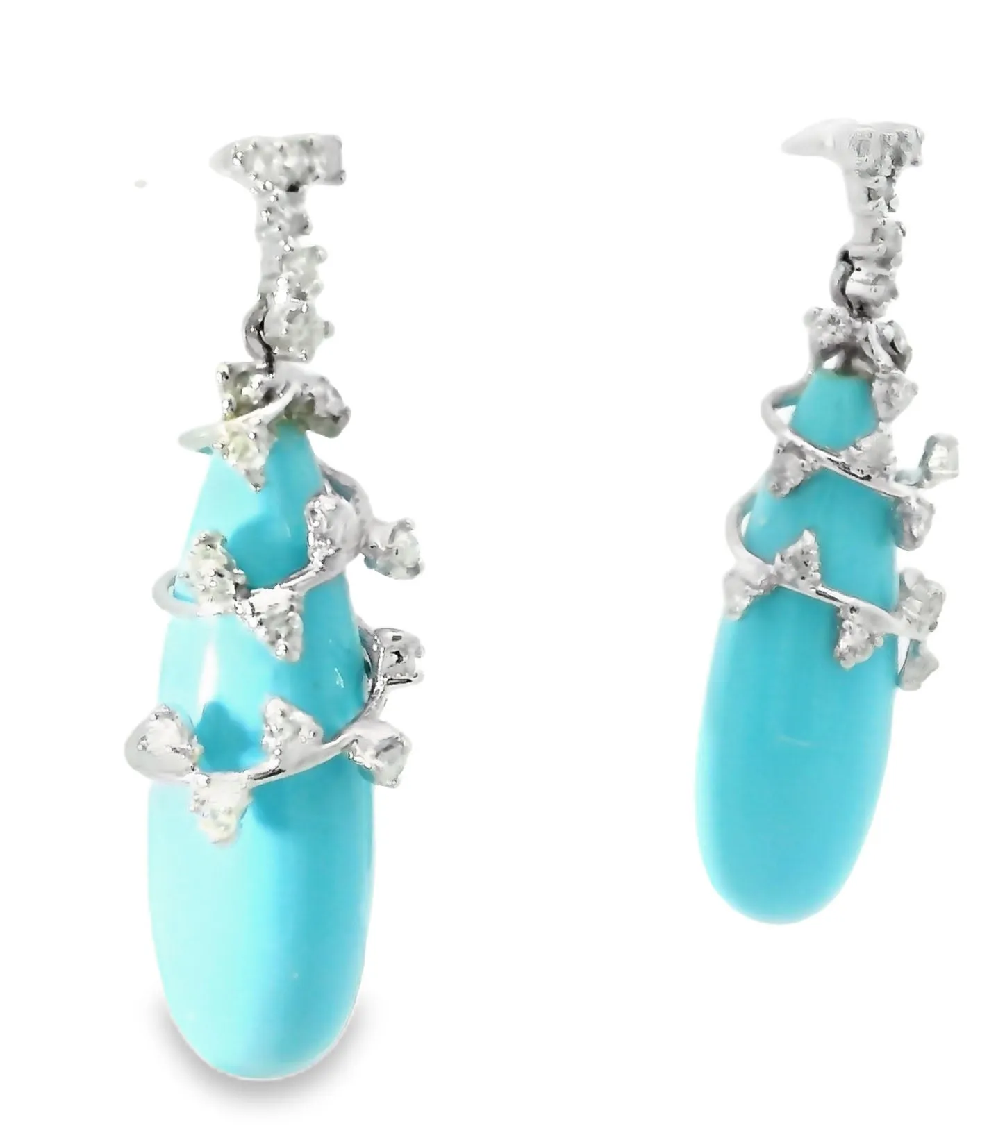 Gorgeous Estate 14K White Gold Turquoise Diamond Dangle Drop Earrings