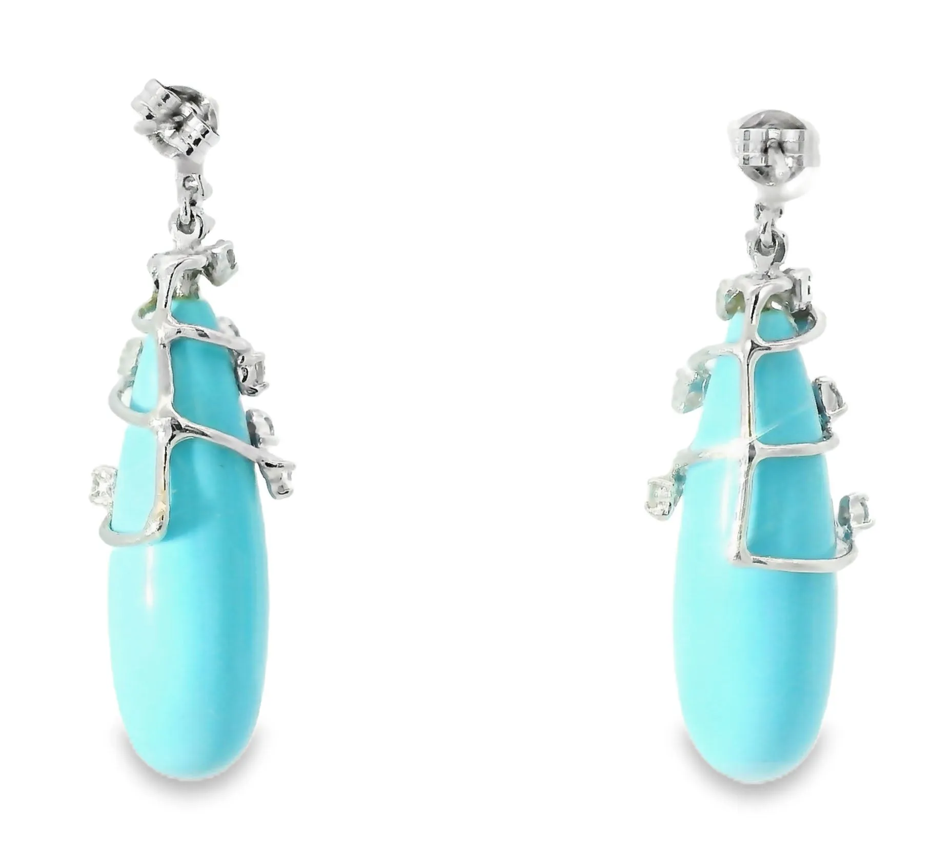 Gorgeous Estate 14K White Gold Turquoise Diamond Dangle Drop Earrings