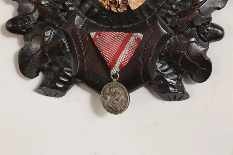 Habsburg Fallow Deer Trophy on Black Forest Plaque with Veteran's Medal