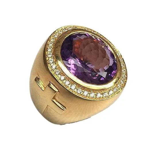 Huge Natural Amethyst Gold Bishop Ring
