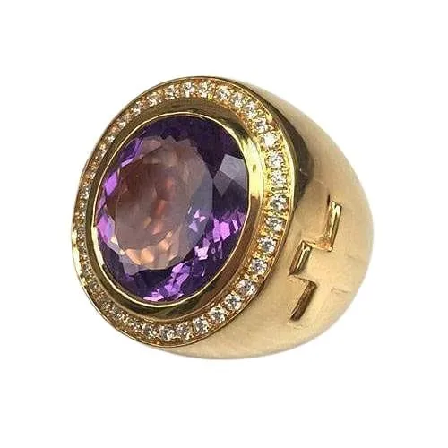 Huge Natural Amethyst Gold Bishop Ring