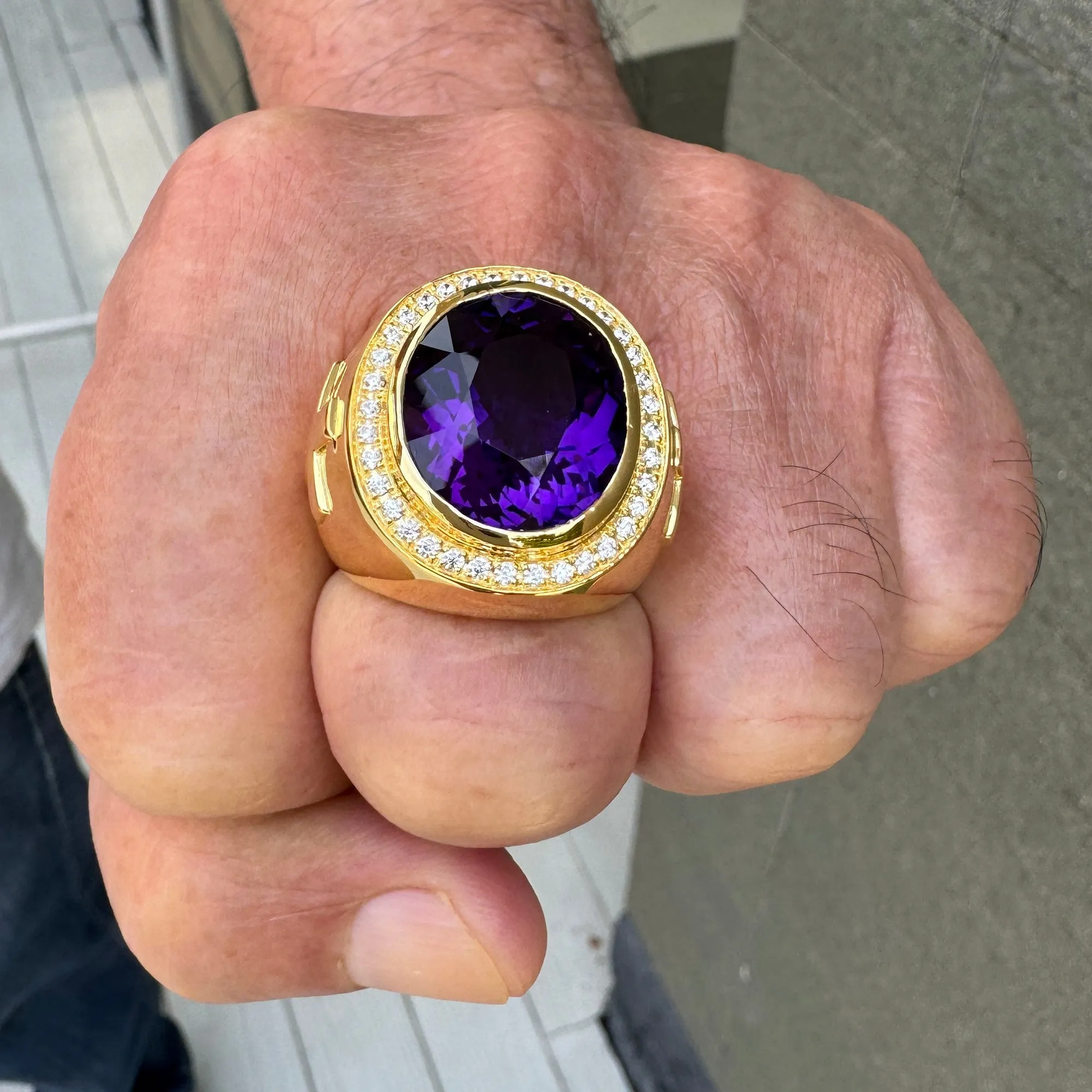 Huge Natural Amethyst Gold Bishop Ring