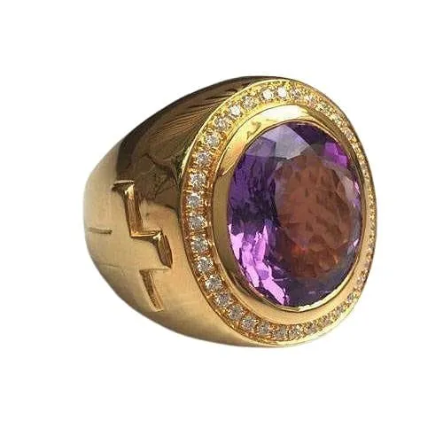 Huge Natural Amethyst Gold Bishop Ring