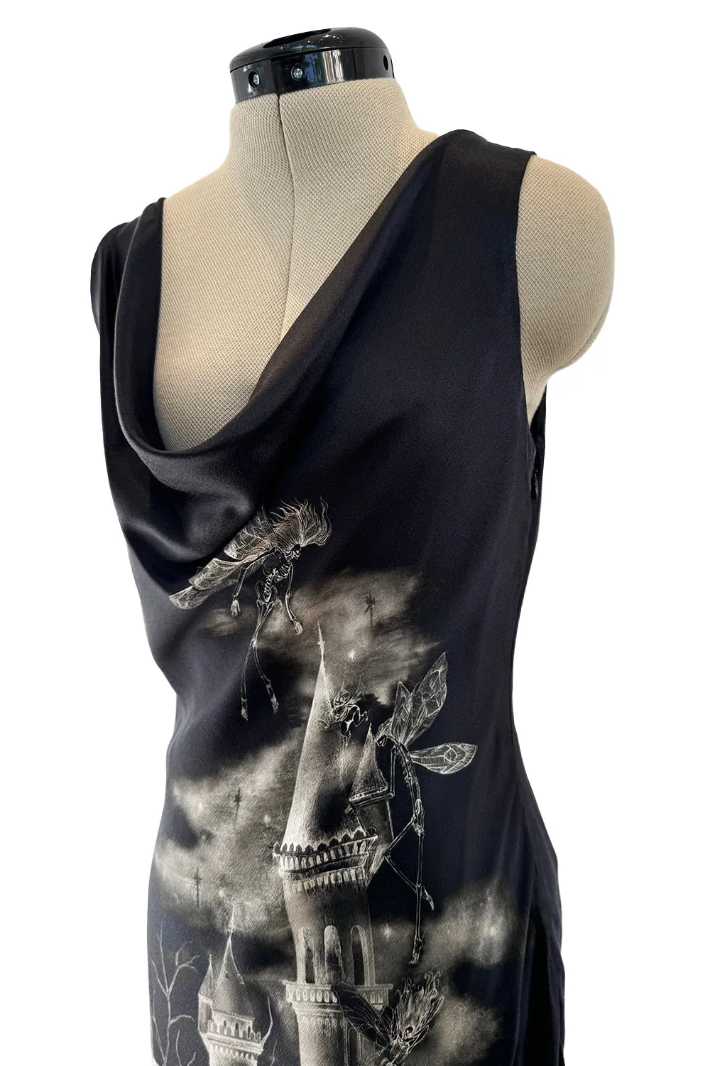 Iconic 2007 Alexander McQueen Fairy / Skeleton Castle Print Silk Bias Cut