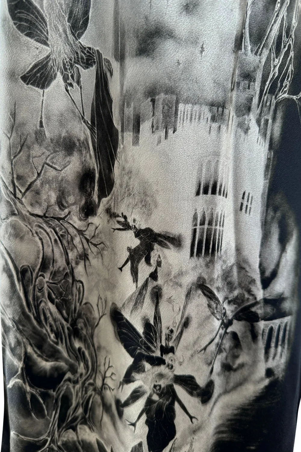Iconic 2007 Alexander McQueen Fairy / Skeleton Castle Print Silk Bias Cut