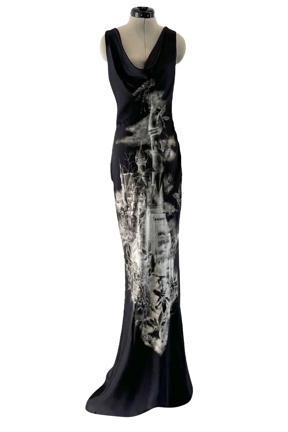 Iconic 2007 Alexander McQueen Fairy / Skeleton Castle Print Silk Bias Cut