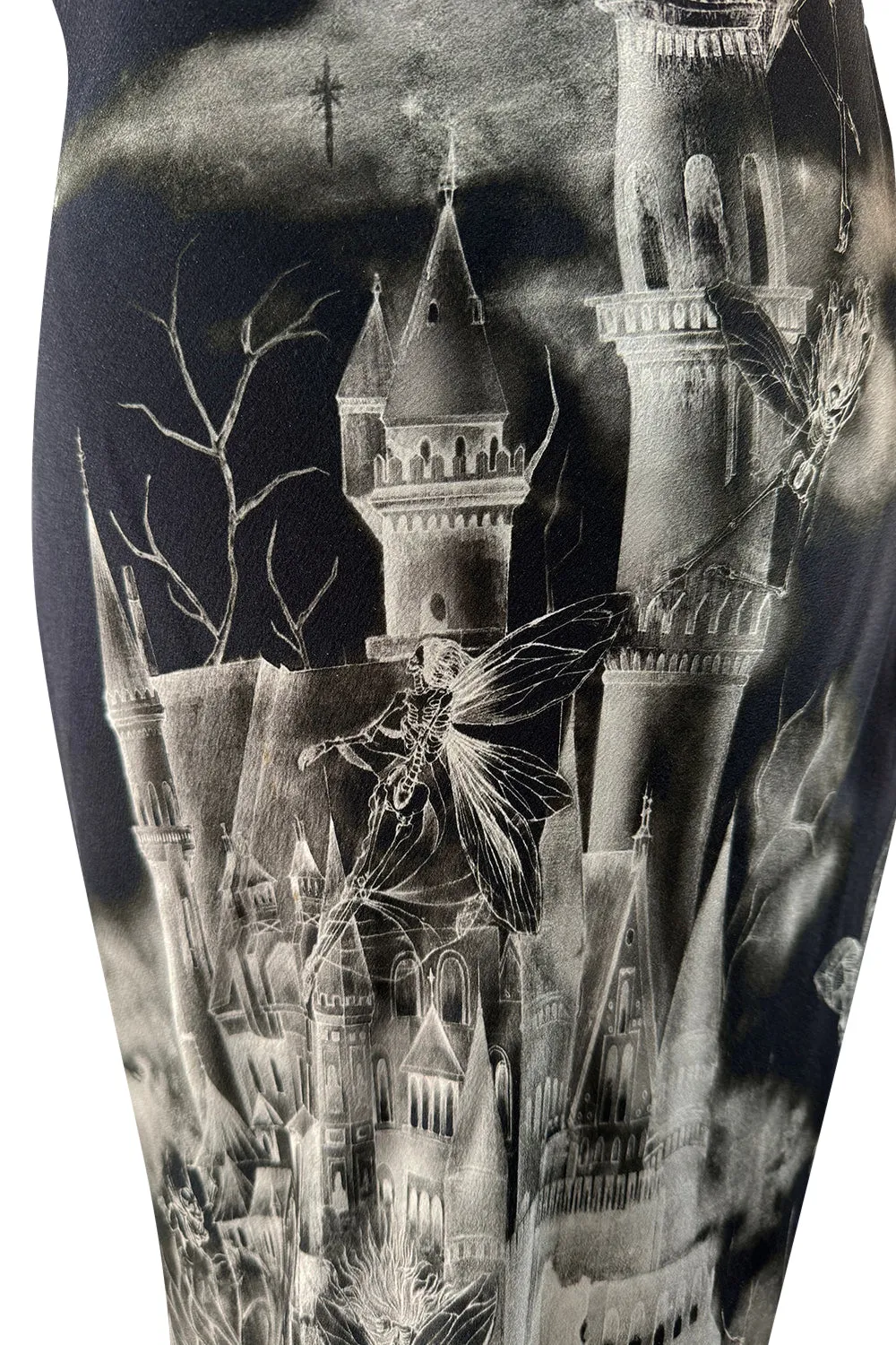 Iconic 2007 Alexander McQueen Fairy / Skeleton Castle Print Silk Bias Cut