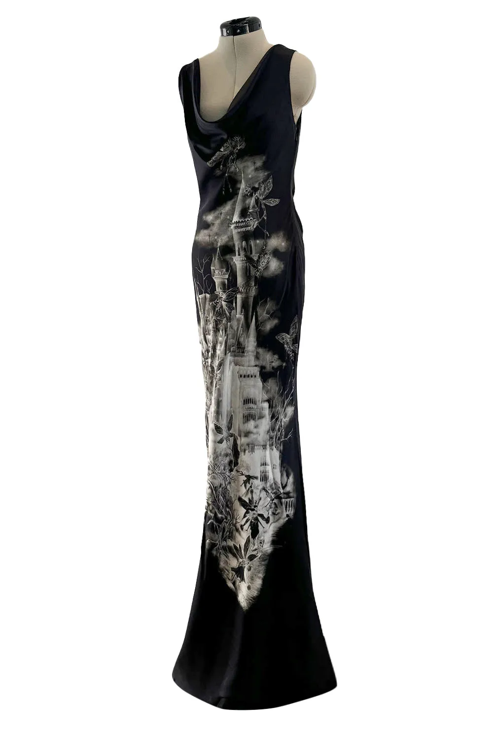 Iconic 2007 Alexander McQueen Fairy / Skeleton Castle Print Silk Bias Cut