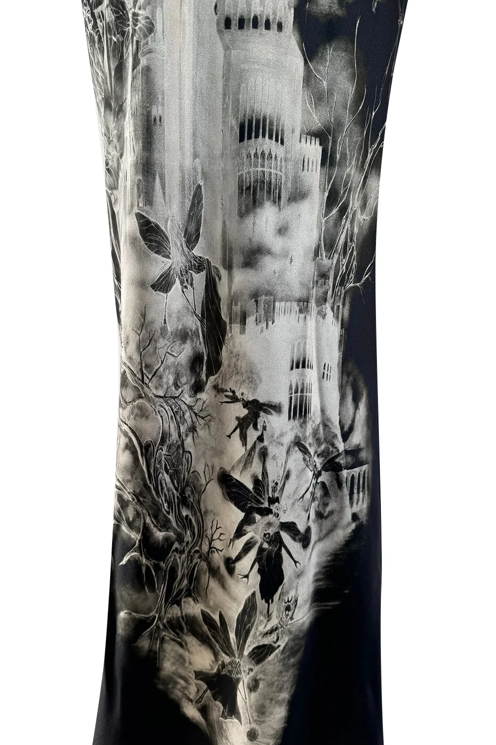 Iconic 2007 Alexander McQueen Fairy / Skeleton Castle Print Silk Bias Cut