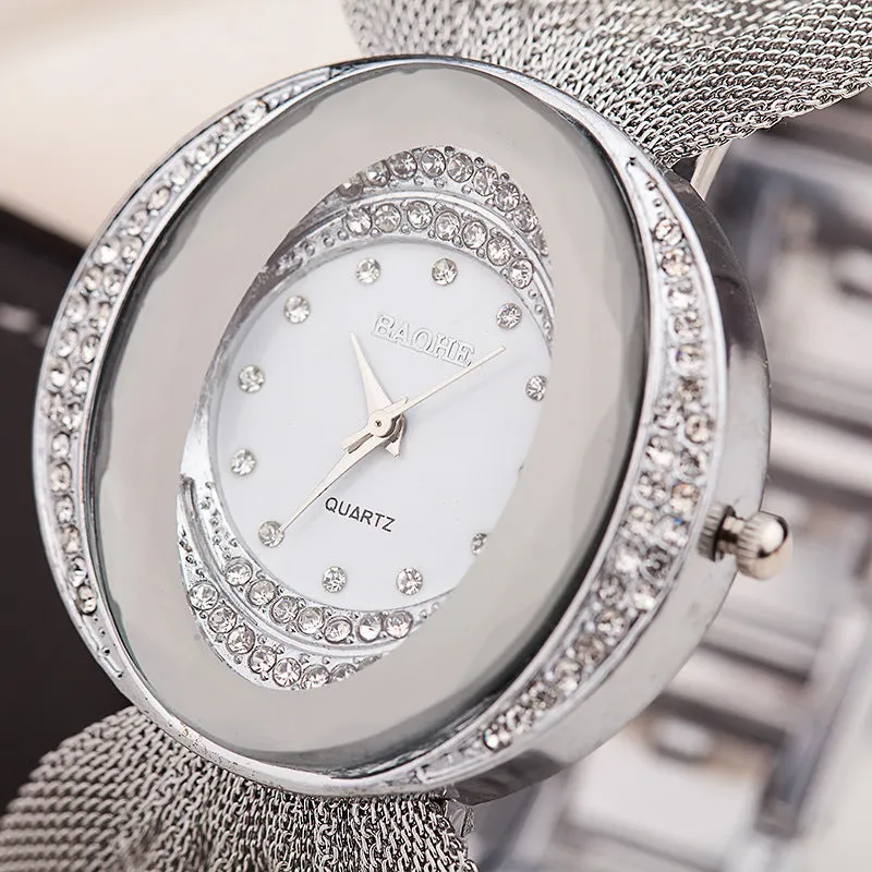 INSTOCK-Oval wide band gold silver mesh strap watch
