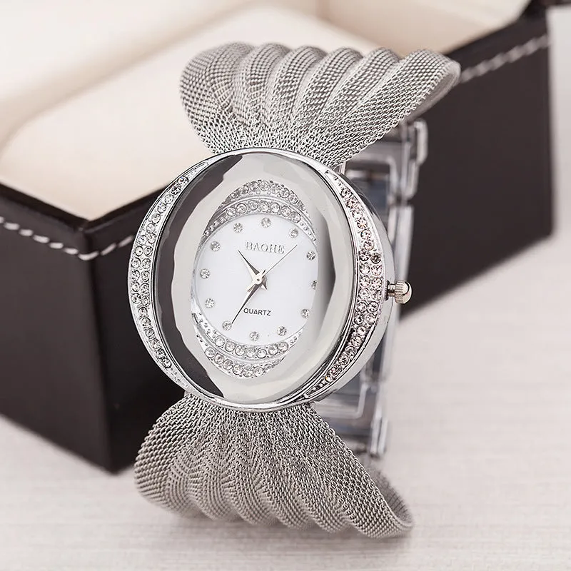 INSTOCK-Oval wide band gold silver mesh strap watch