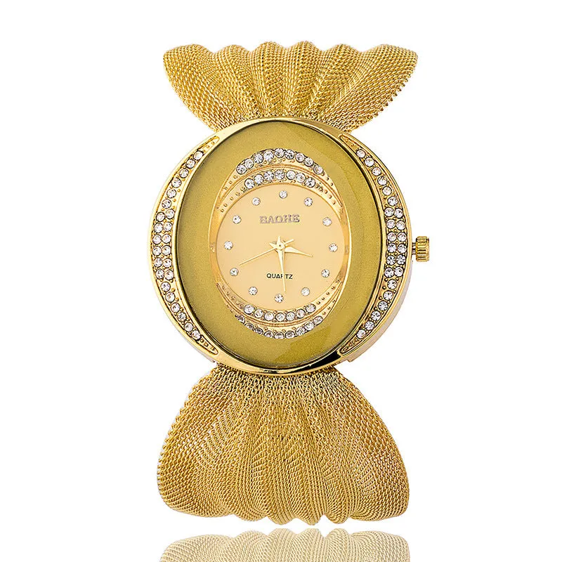 INSTOCK-Oval wide band gold silver mesh strap watch