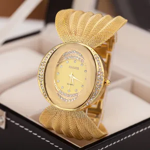INSTOCK-Oval wide band gold silver mesh strap watch