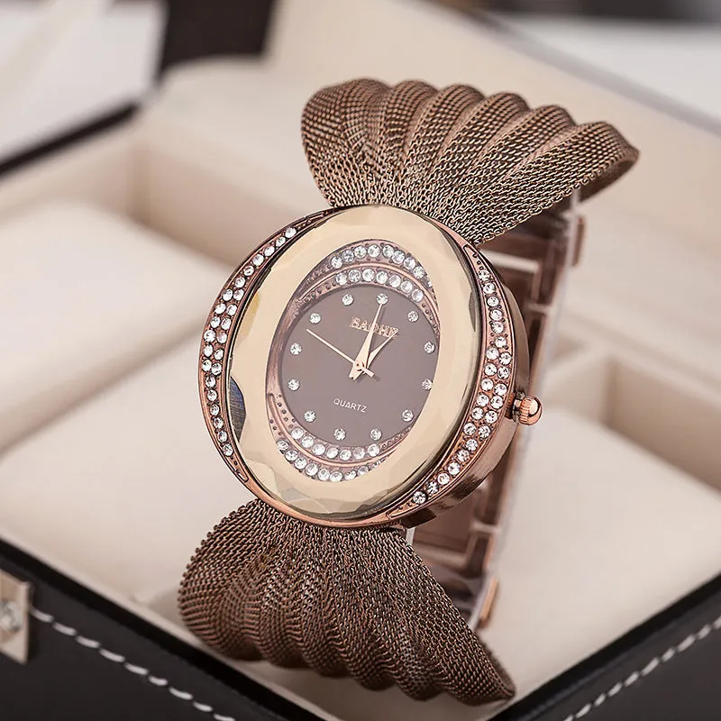 INSTOCK-Oval wide band gold silver mesh strap watch