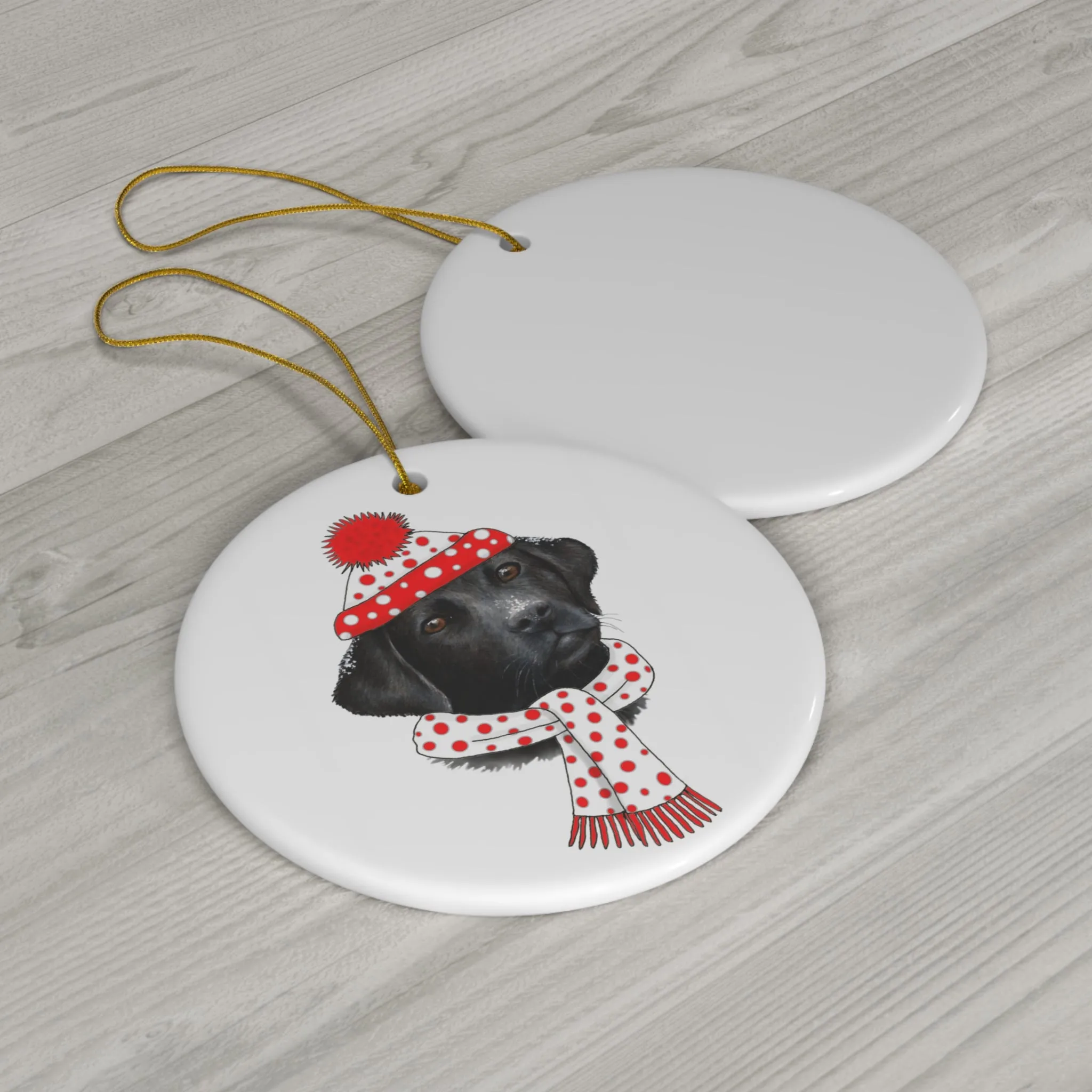 Lab In White With Red Dots Winter Gear Ceramic Disc Ornament           Item #929575