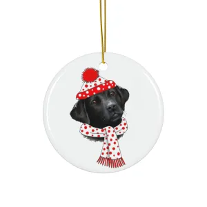 Lab In White With Red Dots Winter Gear Ceramic Disc Ornament           Item #929575