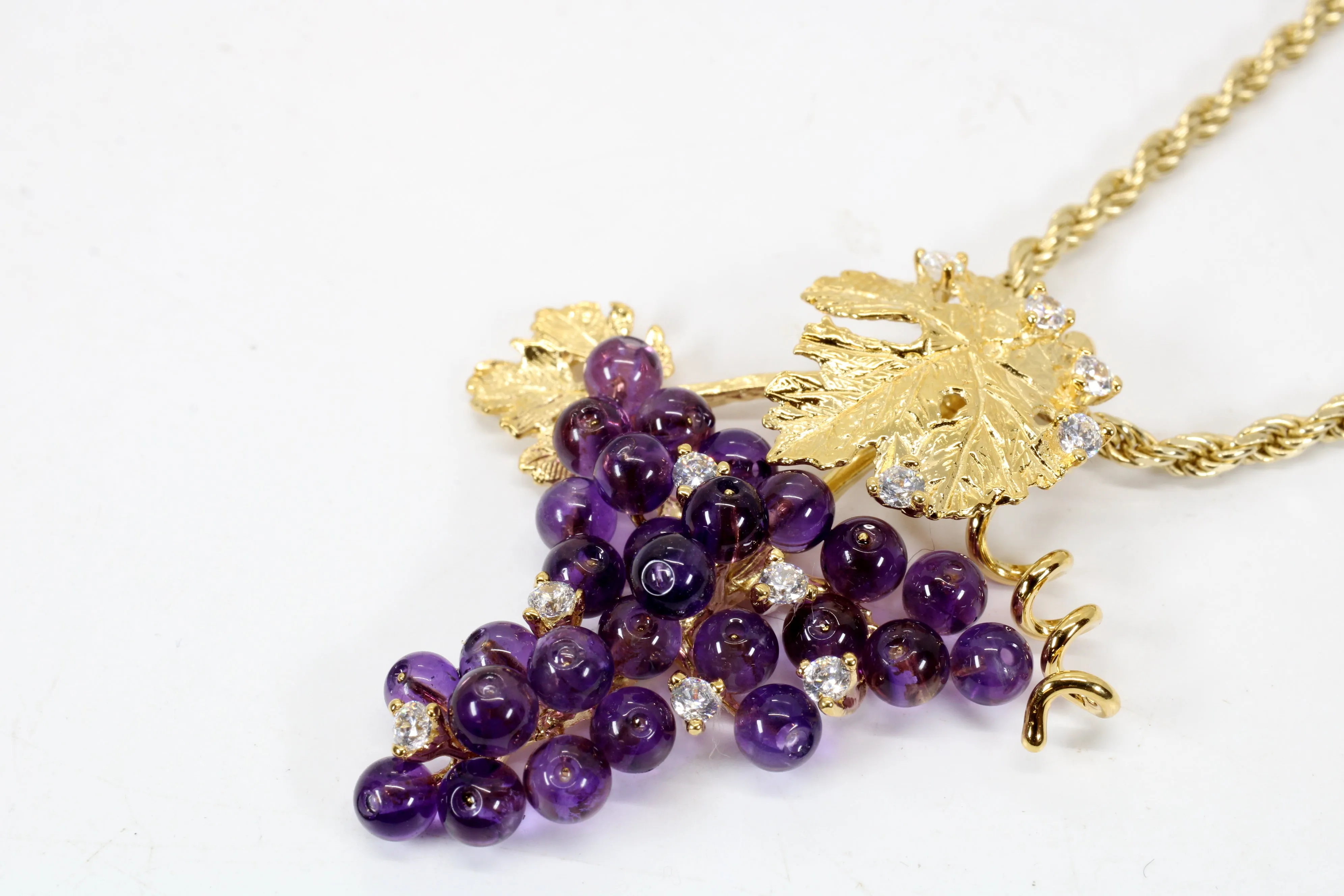 Large Gold Grape Cluster Necklace with Amethyst Gemstones in 14kt Gold Vermeil