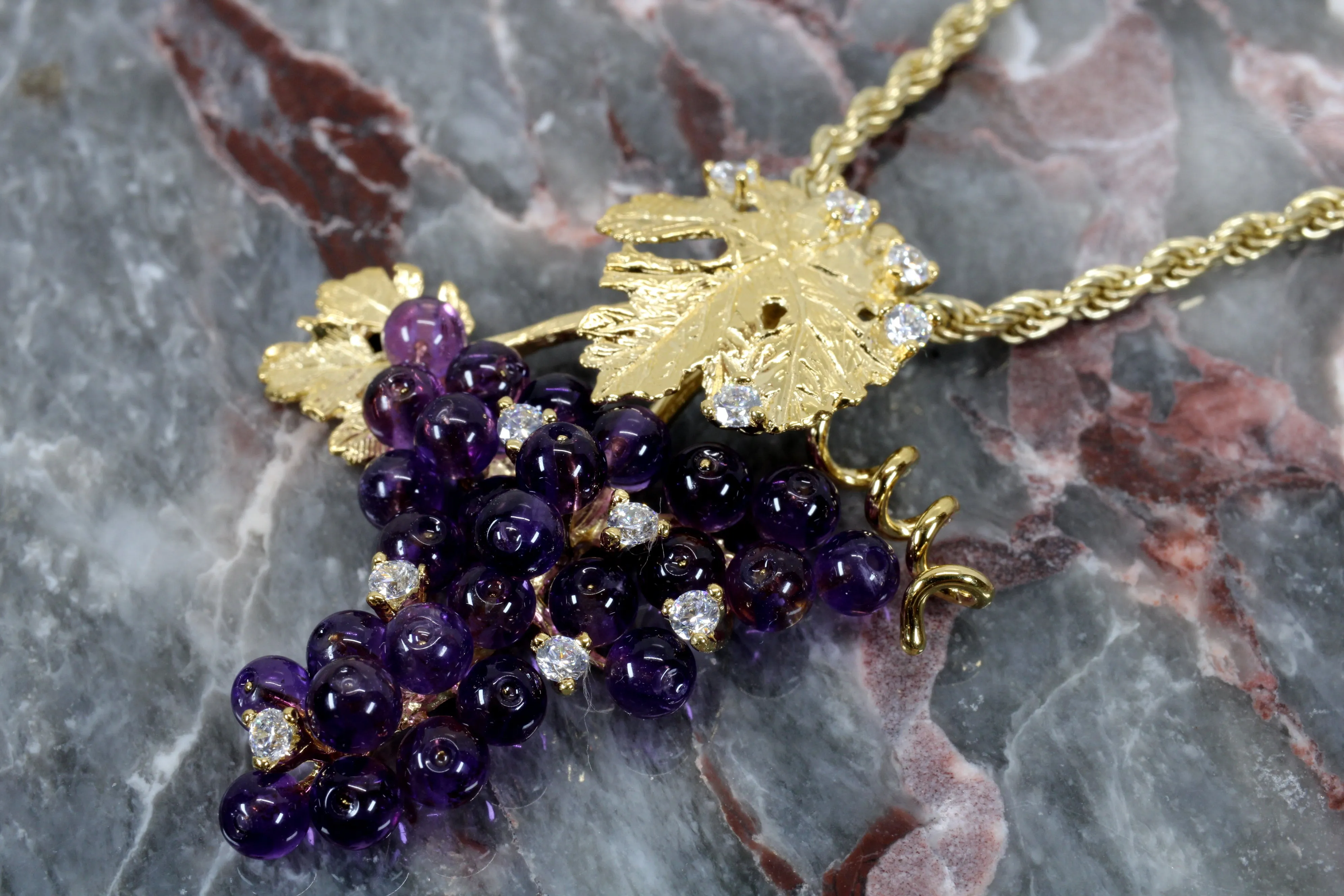 Large Gold Grape Cluster Necklace with Amethyst Gemstones in 14kt Gold Vermeil
