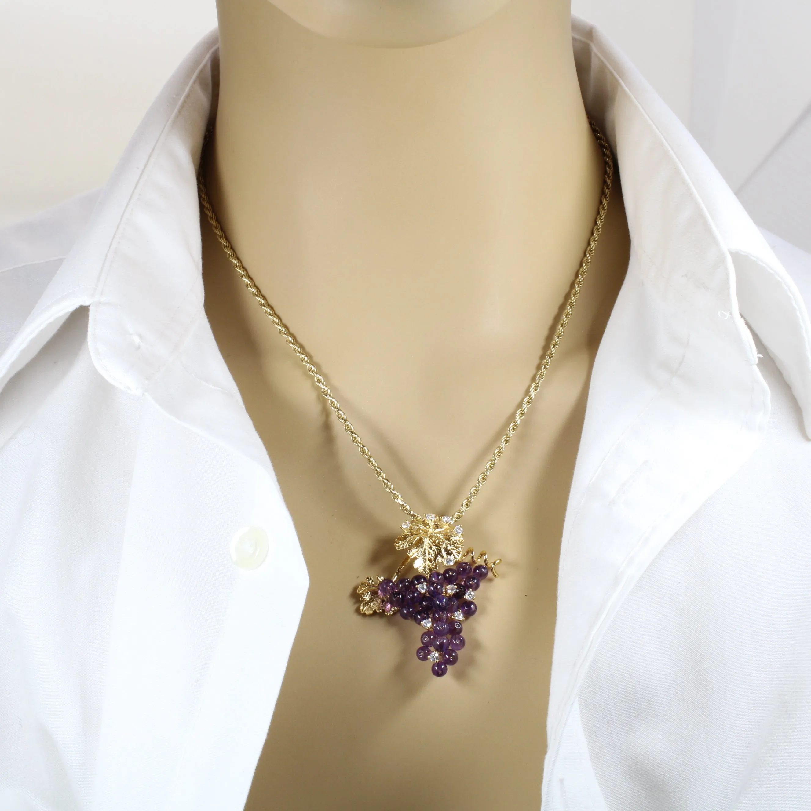 Large Gold Grape Cluster Necklace with Amethyst Gemstones in 14kt Gold Vermeil