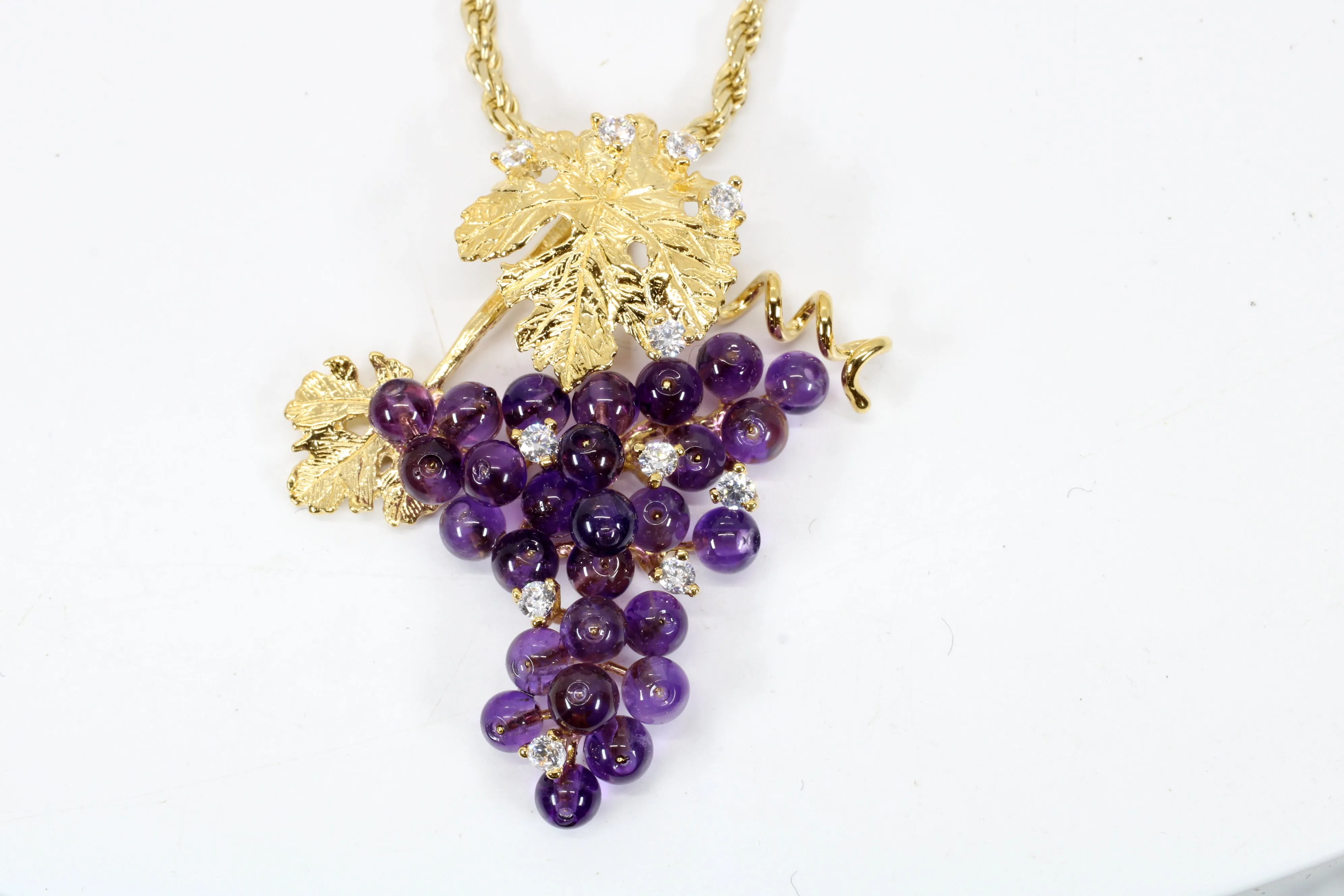 Large Gold Grape Cluster Necklace with Amethyst Gemstones in 14kt Gold Vermeil