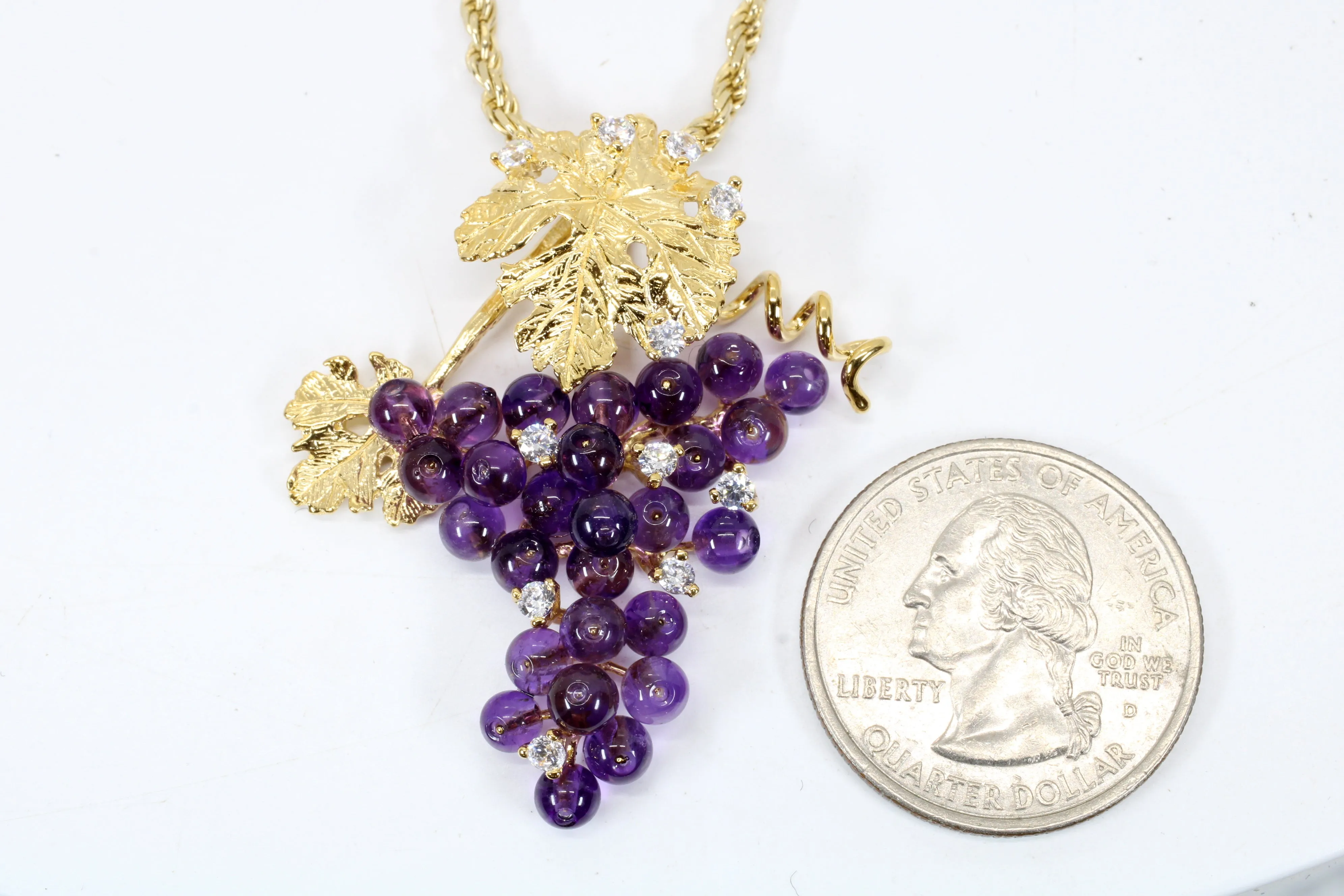 Large Gold Grape Cluster Necklace with Amethyst Gemstones in 14kt Gold Vermeil