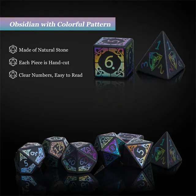 Level Up Premium Dice | Obsidian Gemstone |  Rainbow Pattern