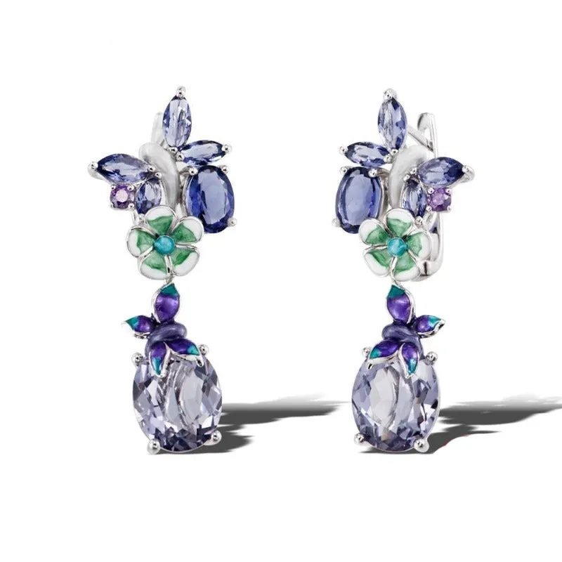 Luxury Flower Amethyst Jewelry Set Ring Earrings Women Jewelry