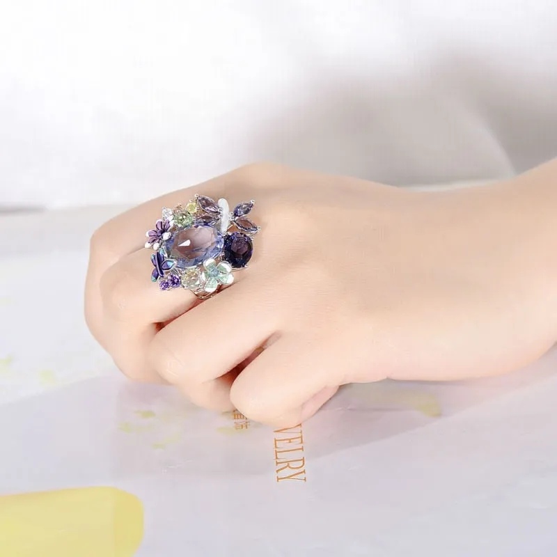 Luxury Flower Amethyst Jewelry Set Ring Earrings Women Jewelry
