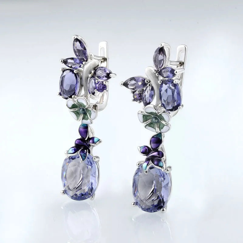 Luxury Flower Amethyst Jewelry Set Ring Earrings Women Jewelry