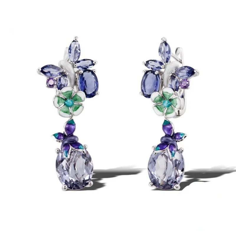 Luxury Flower Amethyst Jewelry Set Ring Earrings Women Jewelry