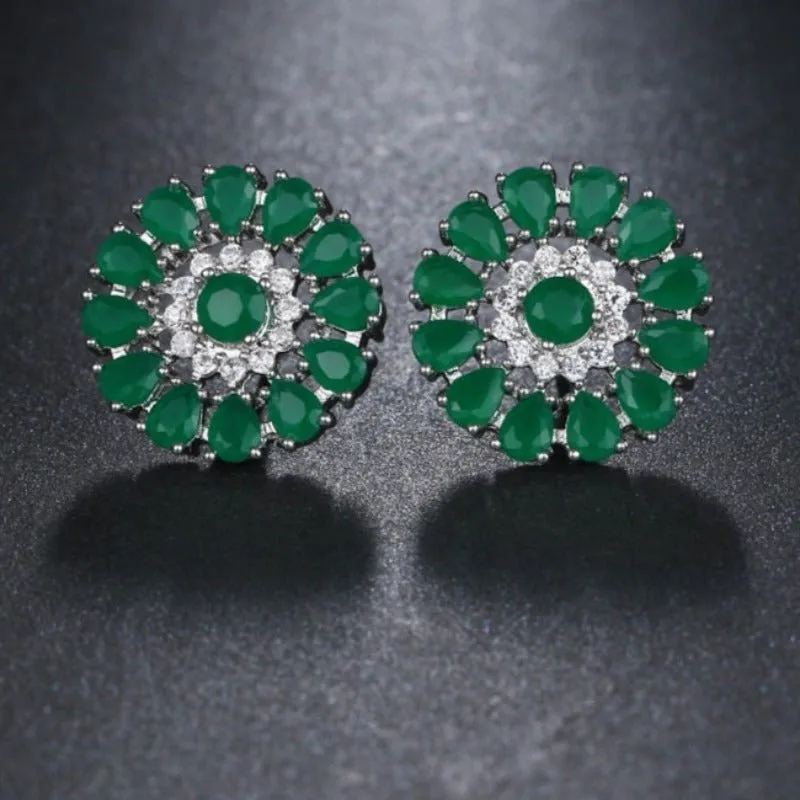 Luxury Green Flower Stud Earings For Women Bridal Jewelry