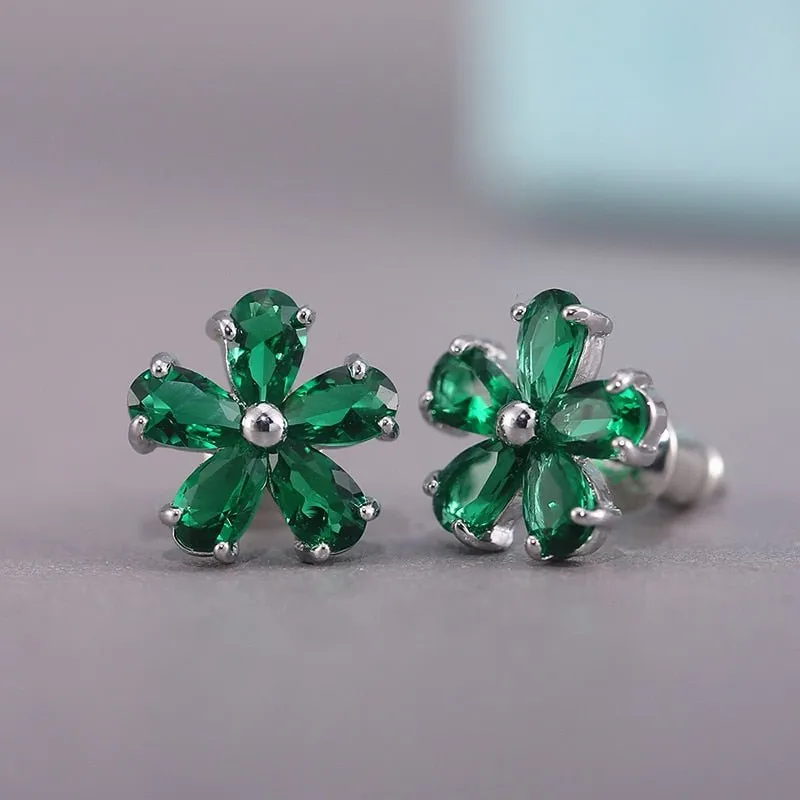 Luxury Green Flower Stud Earings For Women Bridal Jewelry