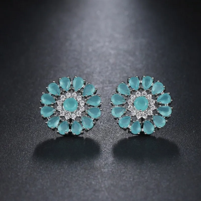 Luxury Green Flower Stud Earings For Women Bridal Jewelry