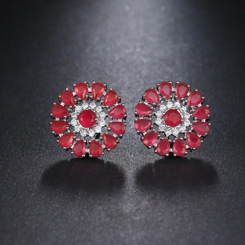 Luxury Green Flower Stud Earings For Women Bridal Jewelry