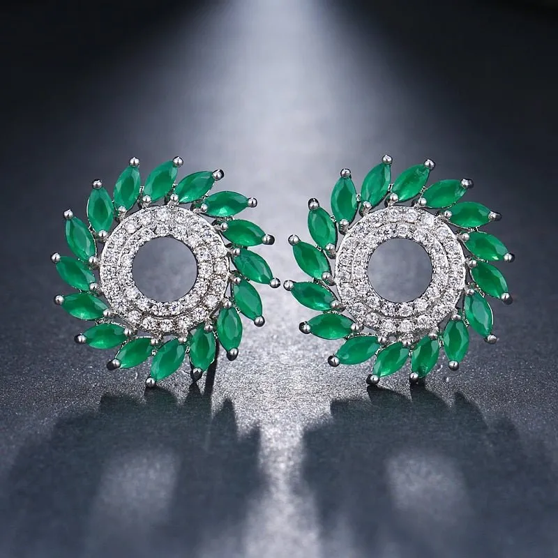 Luxury Green Flower Stud Earings For Women Bridal Jewelry